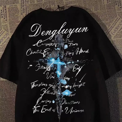 Oversized Cross Graphic Cotton T-Shirt with Vintage Script Streetwear Design