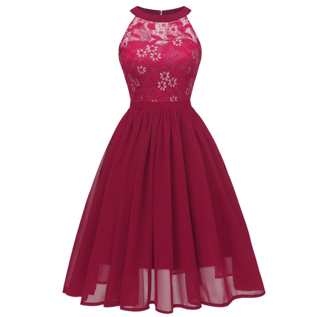 Sleeveless A-Line Chiffon-Style Dress with Lace Halter Bodice