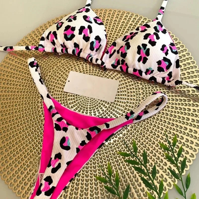 Playful Heart Print Triangle Bikini Set with Braided Pink Strap Detailing