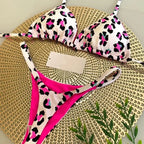 Playful Heart Print Triangle Bikini Set with Braided Pink Strap Detailing