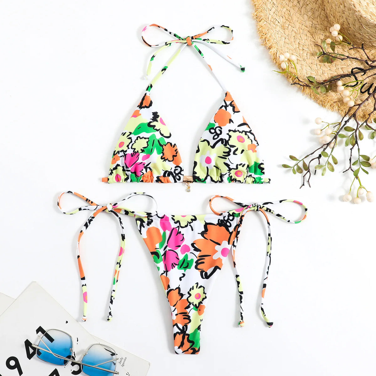 Fierce Tiger Print Triangle String Bikini with Adjustable Ties