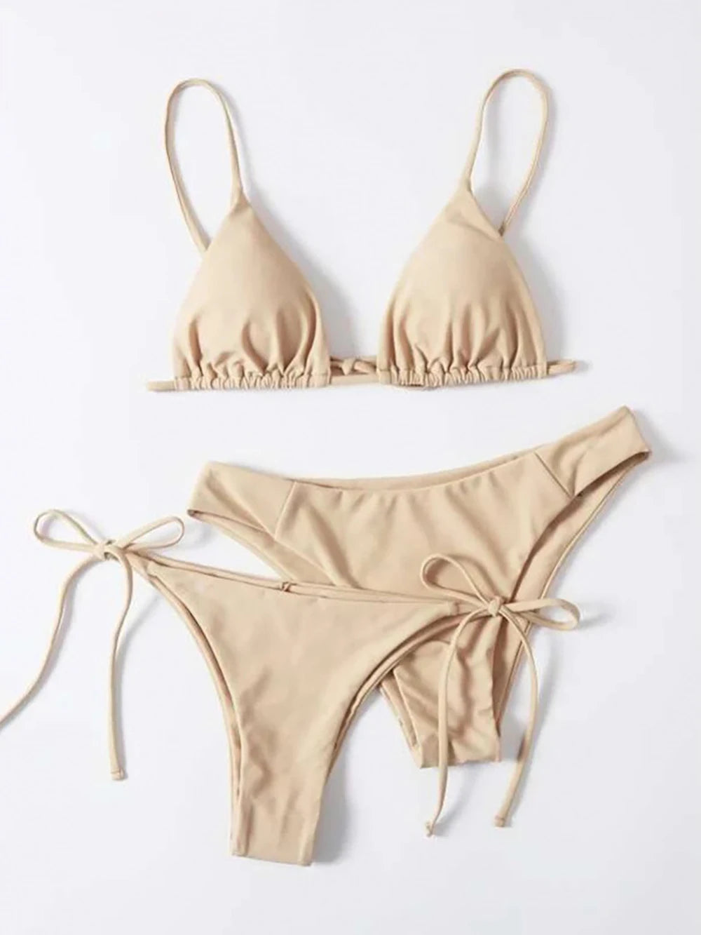 Solid White Three-Piece Triangle Bikini Set with Side-Tie Details
