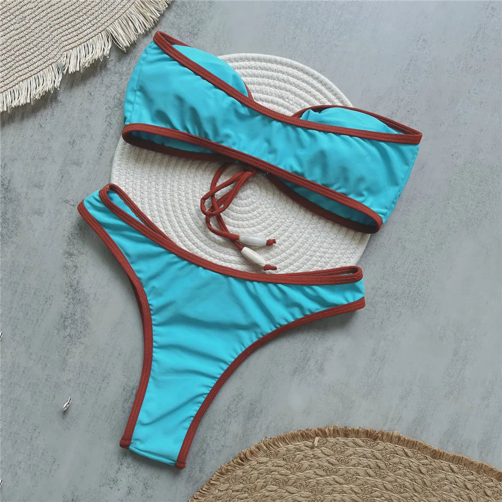 Bright Blue Bandeau Bikini with Contrast Trim and Front Drawstring Detail