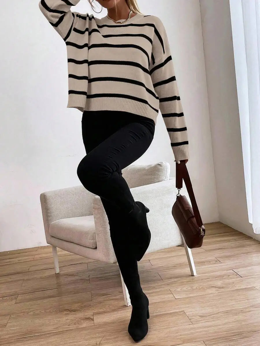Women's Striped Drop Shoulder Relaxed Knit Sweater With Casual Cropped Silhouette