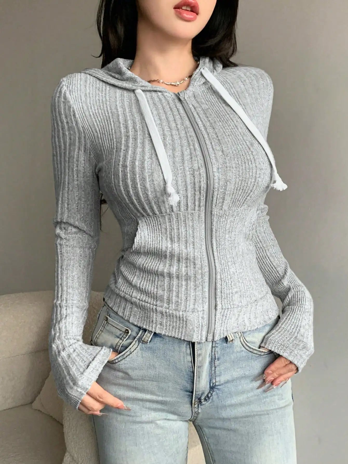 Women's Lightweight Ribbed Zip-Up Hoodie with Relaxed Everyday Casual Layering Style