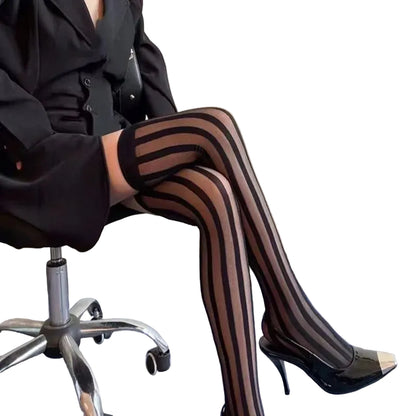 Vertical Stripe Sheer Thigh High Stockings with Lightweight Stretch Knit Over-the-Knee Design
