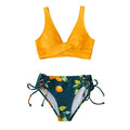 Orange and Blue Floral Bikini Set with Triangle Halter Top, Lace-Up Details and Coordinating Low-Rise Bottom