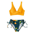 Orange and Blue Floral Bikini Set with Triangle Halter Top, Lace-Up Details and Coordinating Low-Rise Bottom