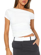 Women's Off Shoulder Ruched Crop Top for Minimalist Casual Streetwear Everyday Fashion Style