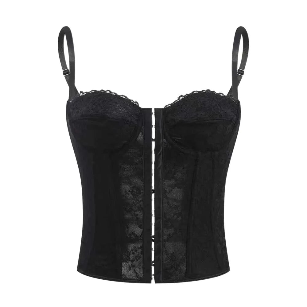 Romantic White Sheer Lace Camisole with Delicate Straps and Front Lacing