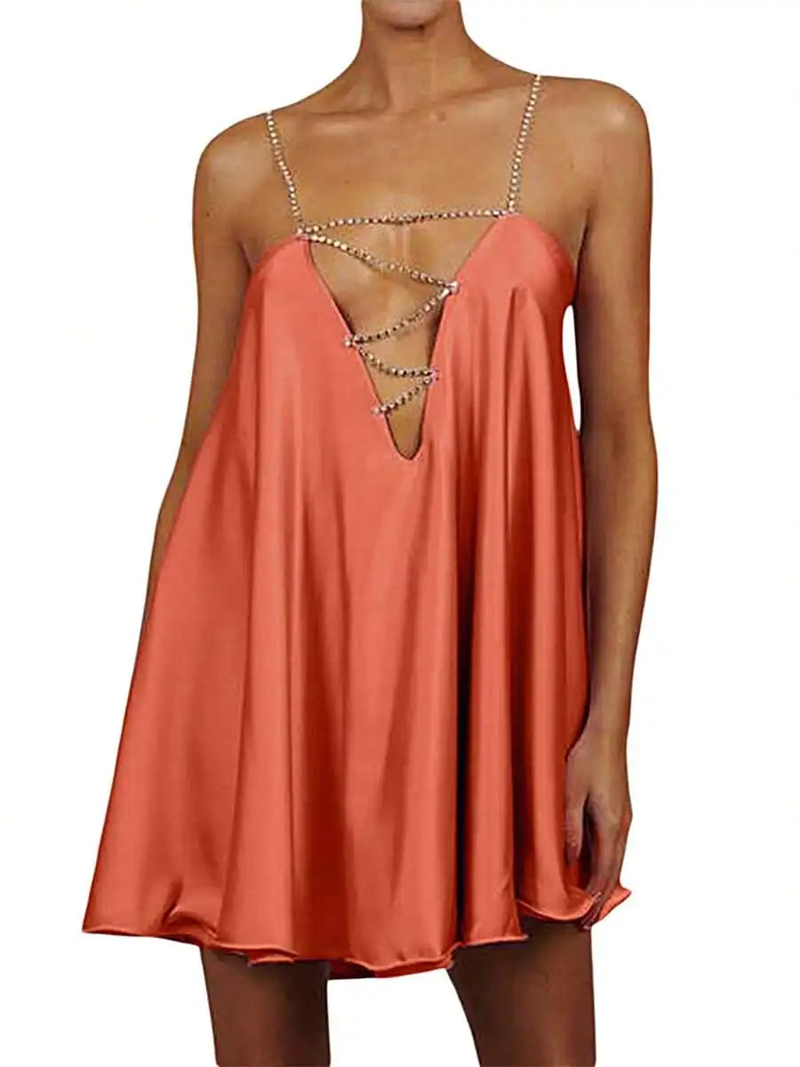 Chain Strap Satin Mini Dress with Draped A-Line Streetwear Silhouette