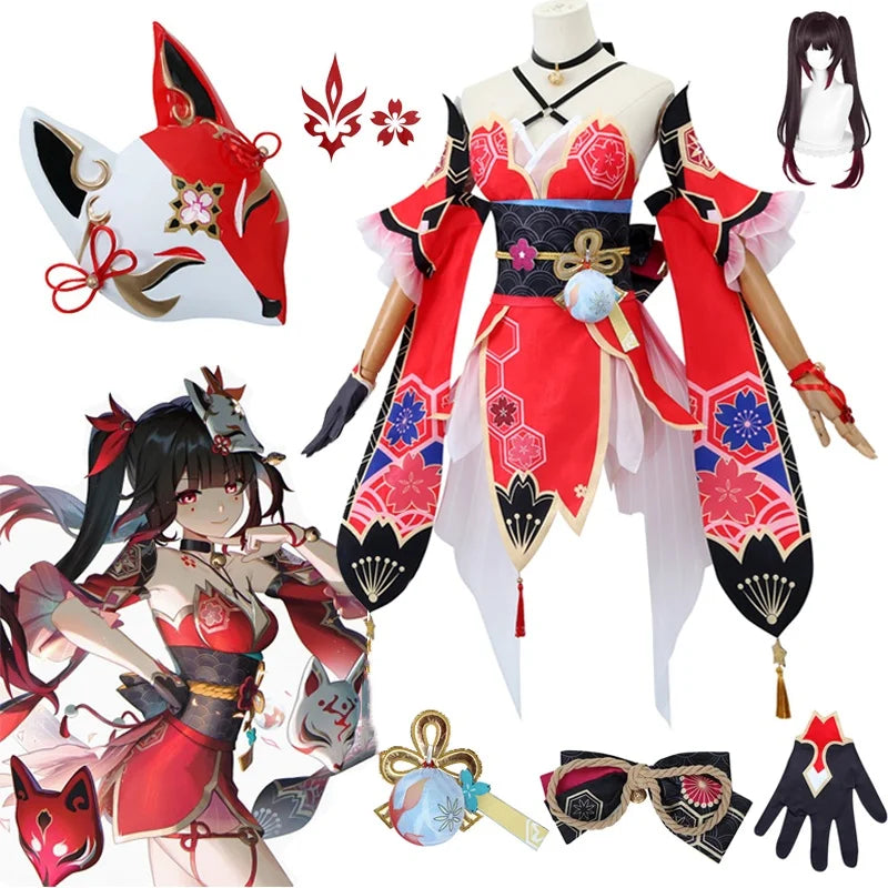 Elaborate Floral Kimono-Style Cosplay Costume with Fox Mask and Flowing Sleeves