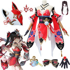 Elaborate Floral Kimono-Style Cosplay Costume with Fox Mask and Flowing Sleeves
