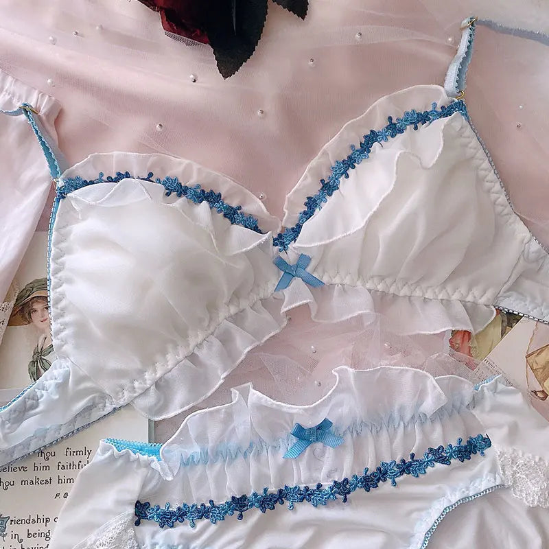 Ethereal Lavender Floral Embroidery Sheer Underwire Lingerie Set with Tie-Side Thong