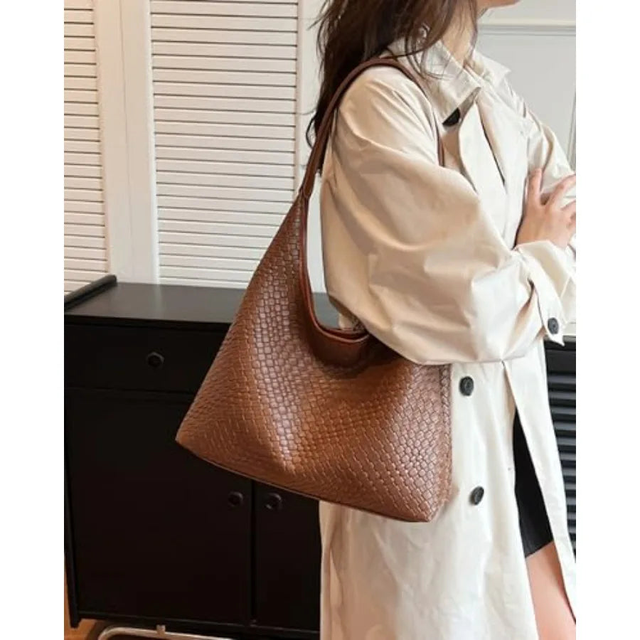 Woven Texture Vegan Leather Hobo Tote Bag with Large Capacity Design
