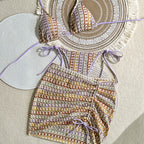 Textured Brown Three-Piece Triangle Bikini Set with Matching Ruched Skirt