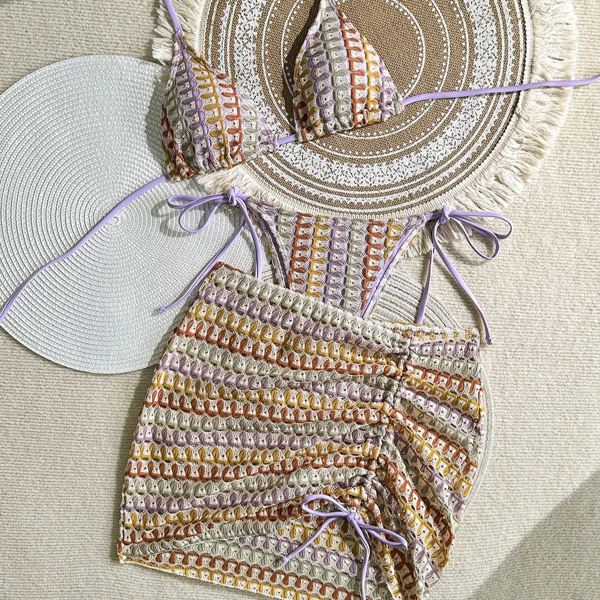 Textured Brown Three-Piece Triangle Bikini Set with Matching Ruched Skirt
