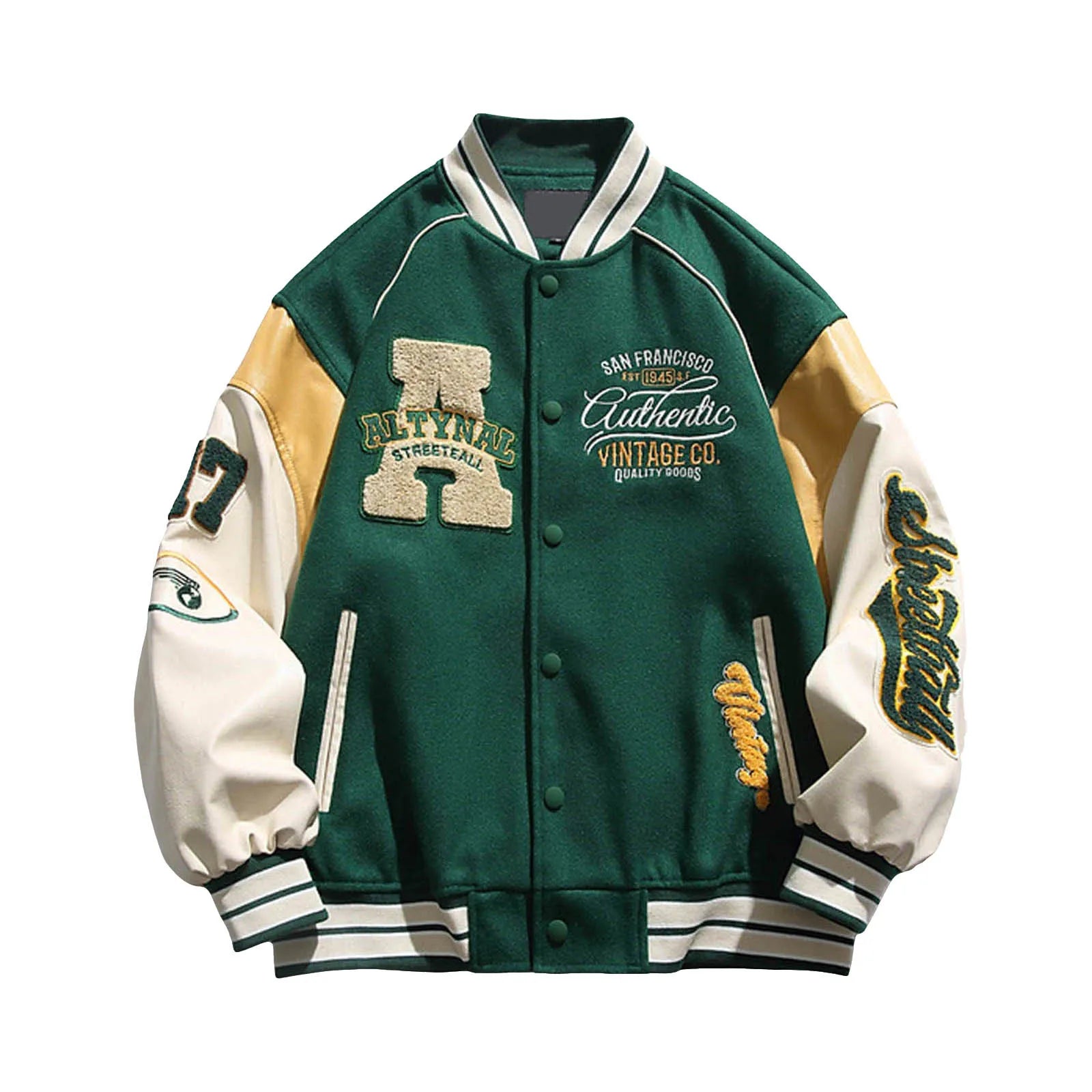 Men's Oversized Varsity Style Button Jacket with Contrast Sleeves for Streetwear Layering