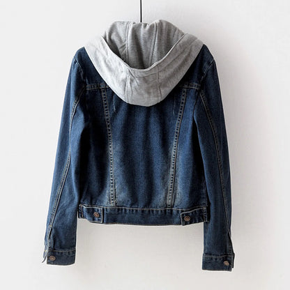 Hooded Denim Style Cropped Jacket with Vintage Streetwear Inspired Design