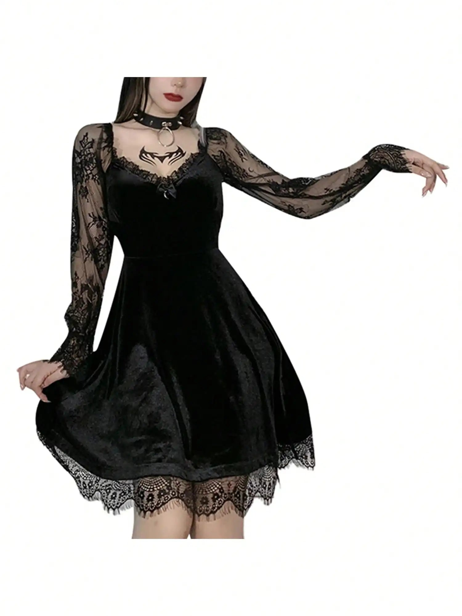 Gothic Lace Sleeve Velvet Mini Dress with Dark Elegant Aesthetic