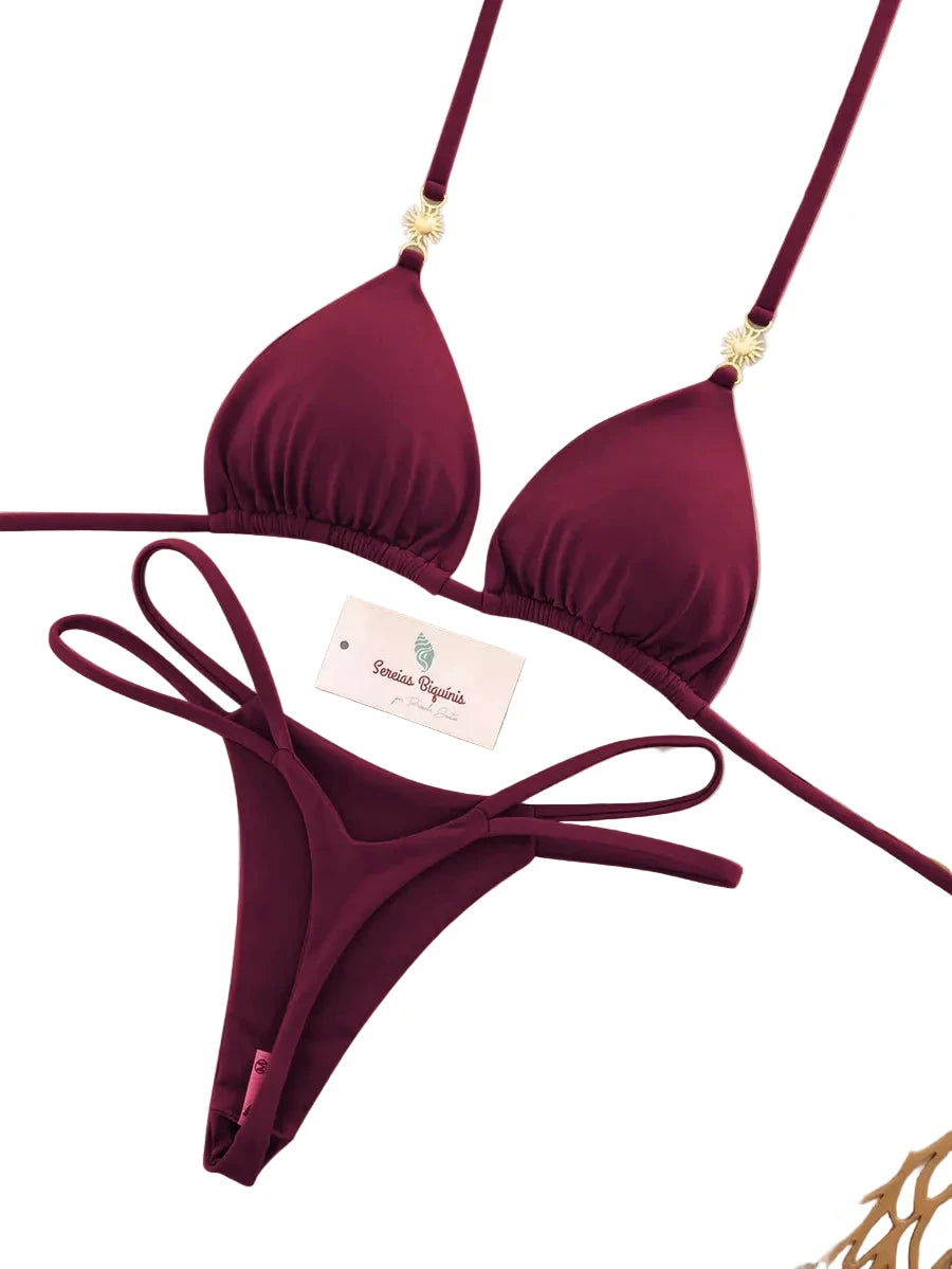 Rich Burgundy Triangle Bikini Set with Double-Strap Tie Details and Gold Accents