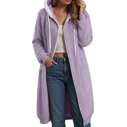 Longline Plush Fleece Hooded Jacket with Relaxed Streetwear Layering Fit