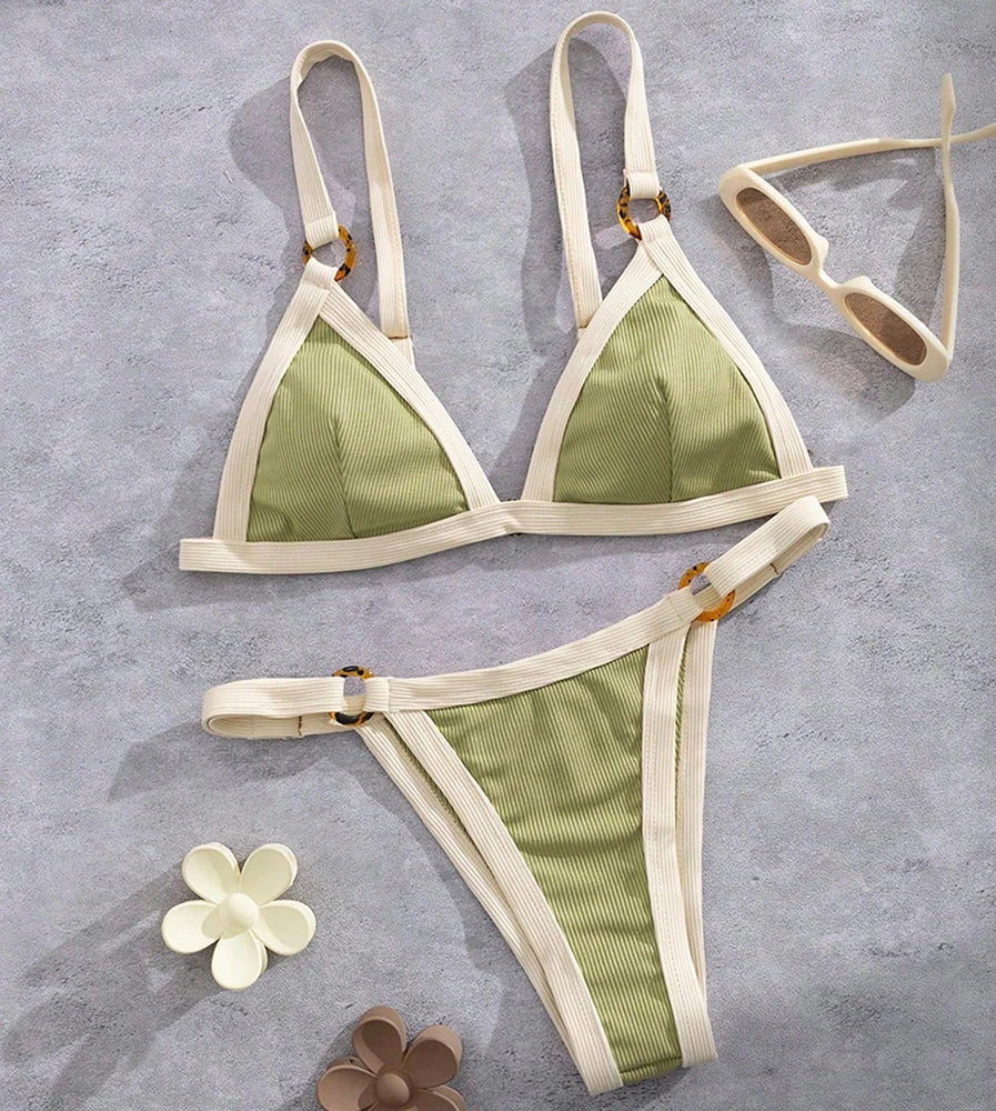 Textured Taupe Triangle Bikini with White Contrast Piping and Ring Hardware