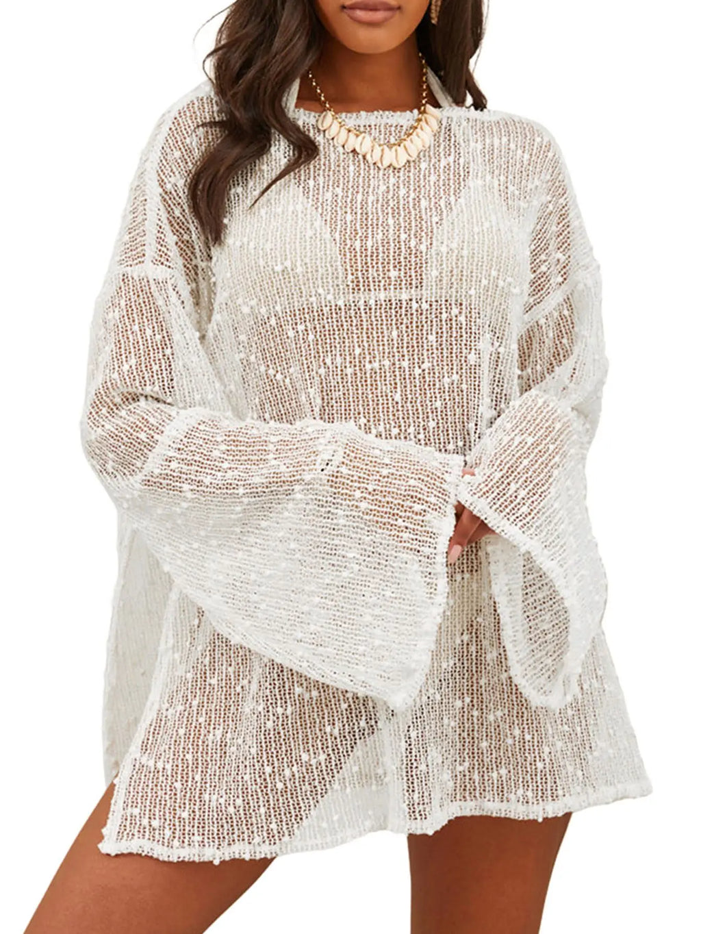 Cream Crochet Beach Cover-Up Dress with Open-Knit Texture, Boat Neck and Relaxed Mini Caftan Silhouette