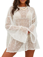 Cream Crochet Beach Cover-Up Dress with Open-Knit Texture, Boat Neck and Relaxed Mini Caftan Silhouette