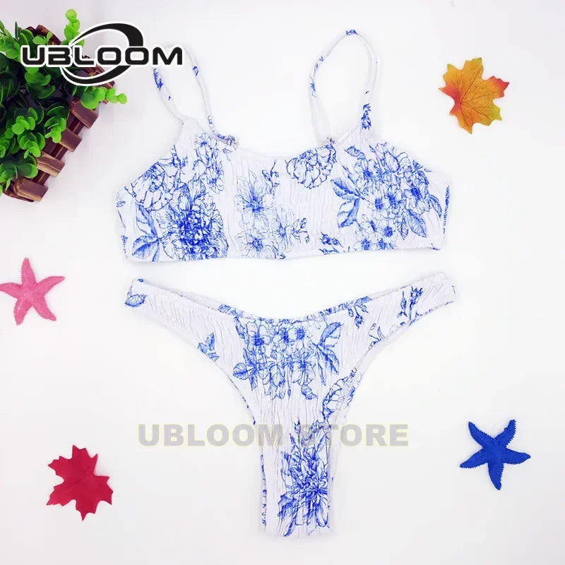 Vibrant Green Floral Underwire Bikini with Ruched Texture