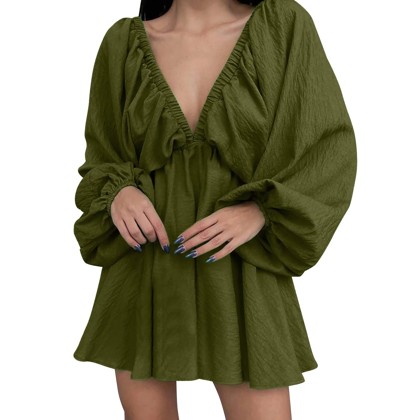 Deep V Neck Pleated Maxi Dress with Flowing Long Sleeves