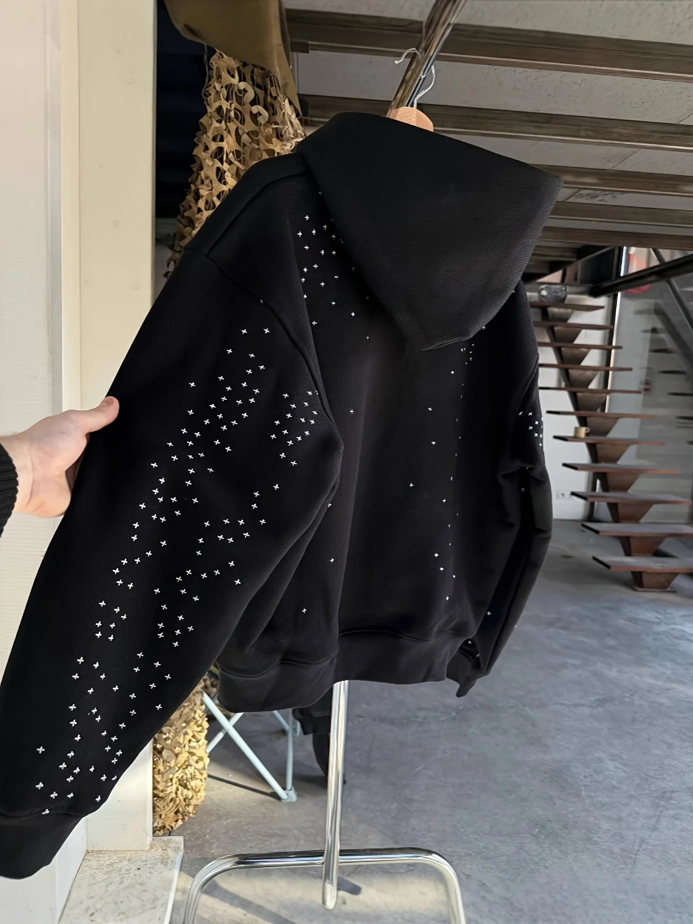 Oversized Rhinestone Graphic Zip-Up Hoodie with Streetwear Inspired Design