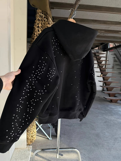 Oversized Rhinestone Graphic Zip-Up Hoodie with Streetwear Inspired Design