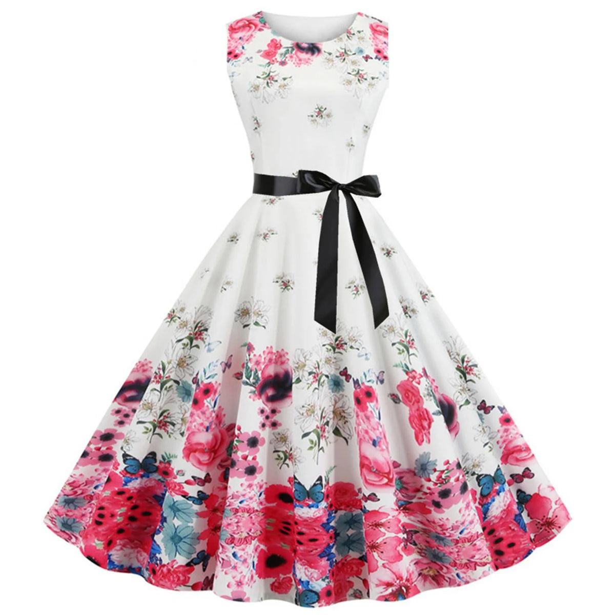 Vintage Floral Print Sleeveless Rockabilly Inspired Alternative Swing Midi Dress - BigCat Streetwear