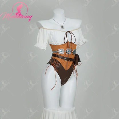 Women's Faux Leather Bodysuit Set with Waist Belt, Gloves and Utility Accessories