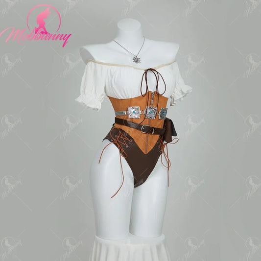Women's Faux Leather Bodysuit Set with Waist Belt, Gloves and Utility Accessories