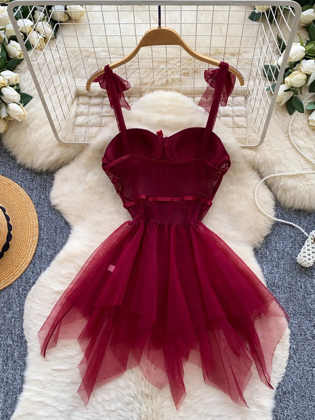 Deep Red Corset-Style Tulle Dress with Lace-Up Front and Ribbon Straps