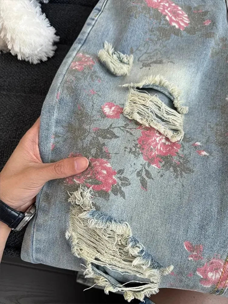 Vintage Washed Distressed Wide Leg Straight Jeans with Floral Detail Relaxed Streetwear Style
