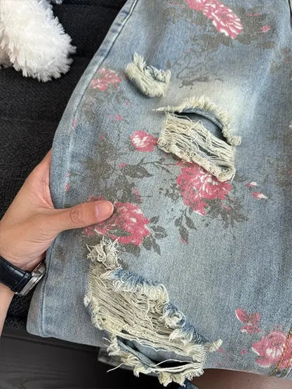 Vintage Washed Distressed Wide Leg Straight Jeans with Floral Detail Relaxed Streetwear Style