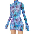 Abstract Mesh Bodycon Mini Dress with Bell Sleeves and Sheer Streetwear Styling