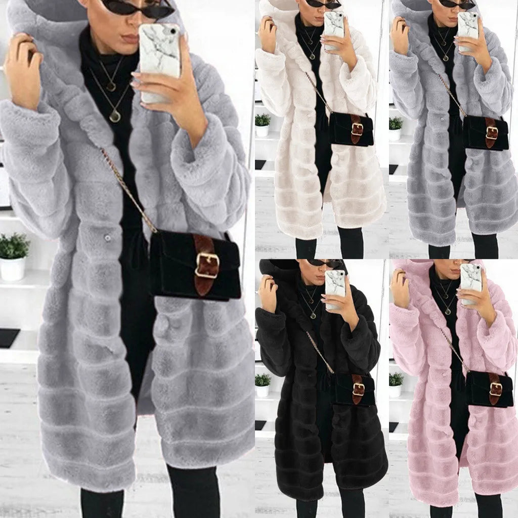 Women's Long Hooded Faux Fur Coat Plush Winter Warm Casual Statement Outerwear