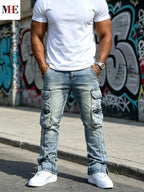 Men's Vintage Wash Flared Denim Jeans with Distressed Details and Zip Hem Design