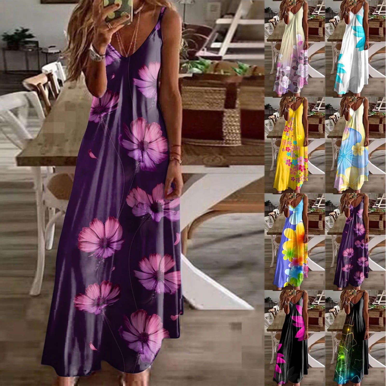 Oversized Sleeveless Maxi Dress with V Neck and Artistic Print Design