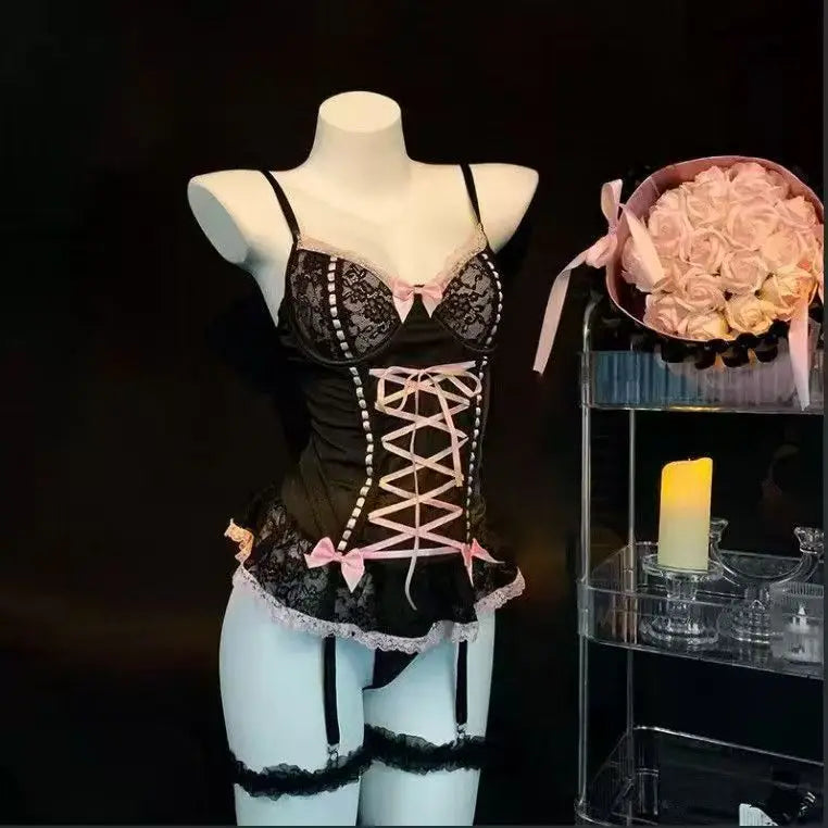 Romantic Black Lace Corset Bodysuit with Contrast Ribbon Lace-Up and Ruffled Trim