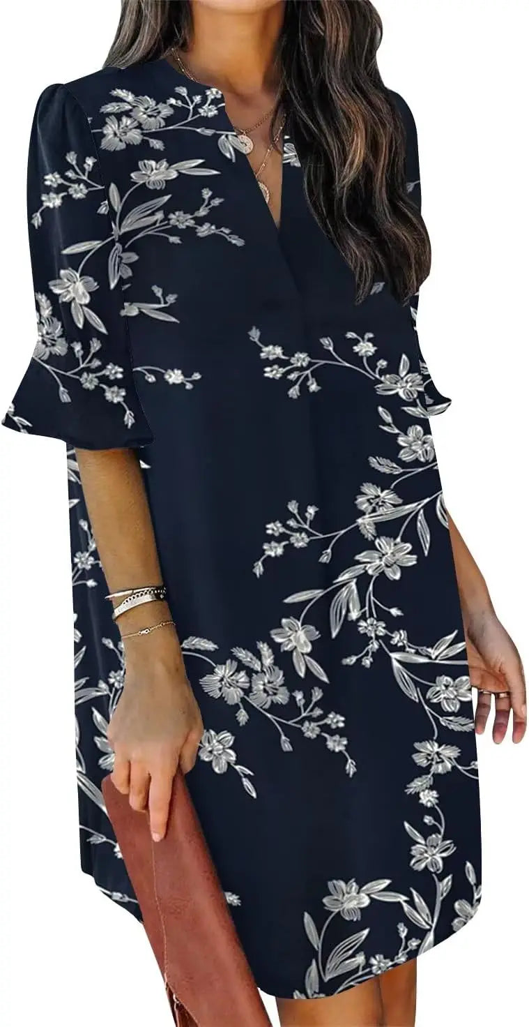 Oversized V-Neck Mini Dress with Ruffle Sleeves Contemporary Casual Streetwear Style