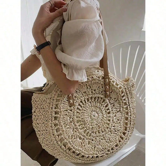 Handwoven Hollow Straw Round Tote Bag with Open Design Summer Carryall