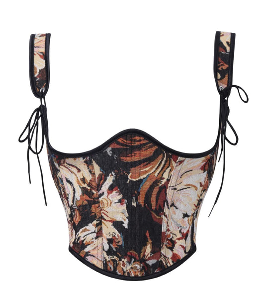 Floral Jacquard Corset Top with Sweetheart Neckline and Lace-Up Straps