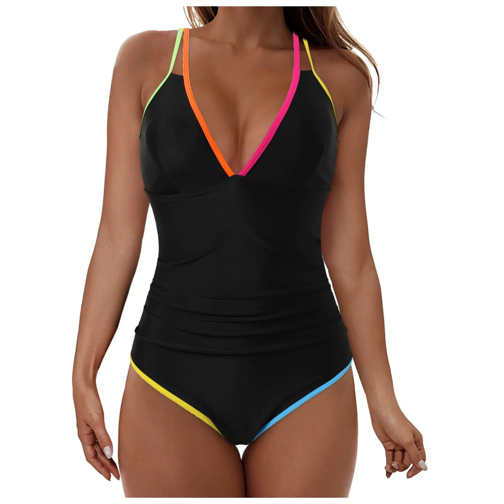 Color-Contrast Deep V-Neck One-Piece Swimsuit with Open Back, Racerback Straps and Sporty Monokini Silhouette