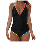 Color-Contrast Deep V-Neck One-Piece Swimsuit with Open Back, Racerback Straps and Sporty Monokini Silhouette