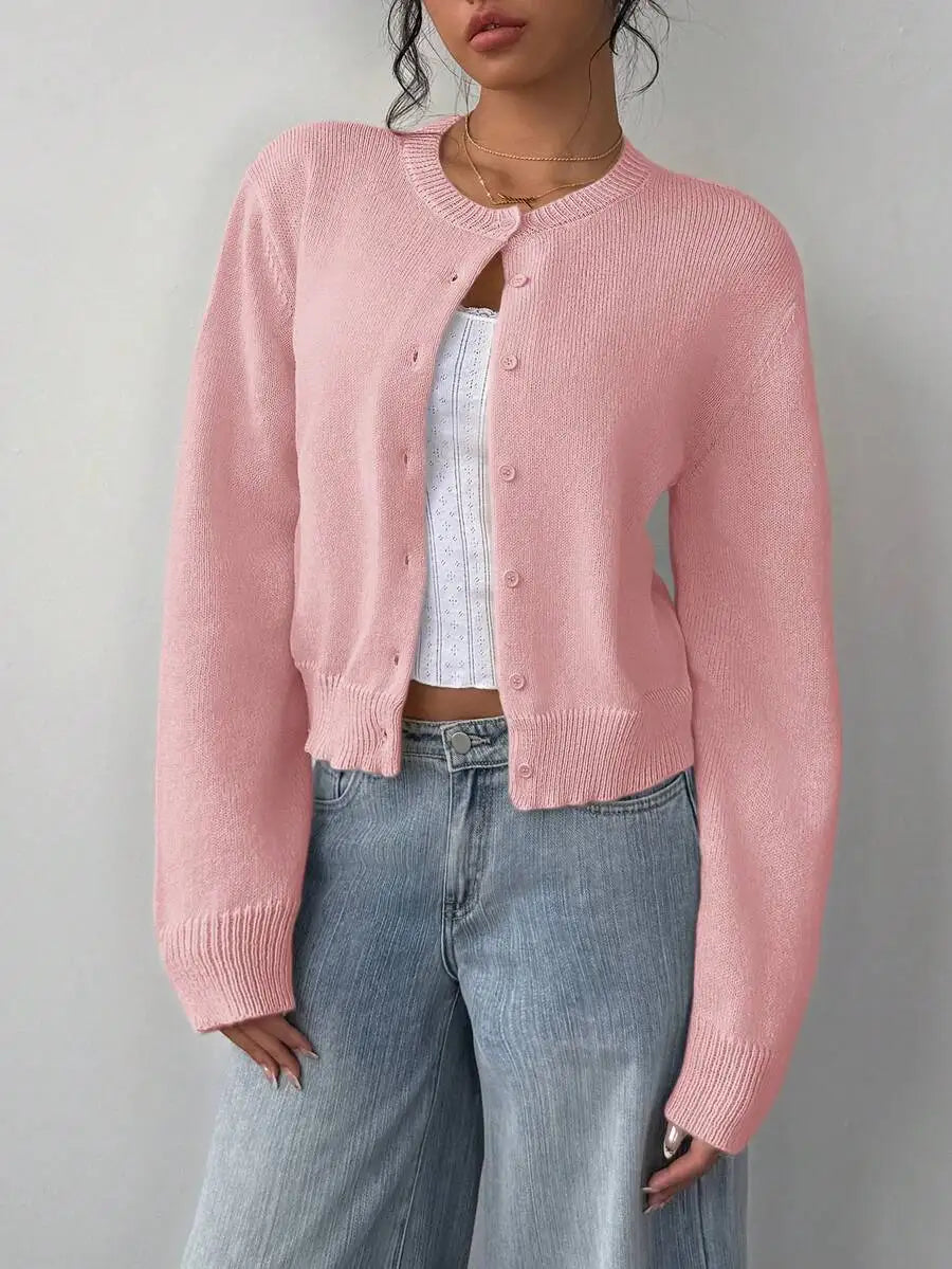 Women's Cropped Crew Neck Relaxed Fit Minimalist Knit Sweater